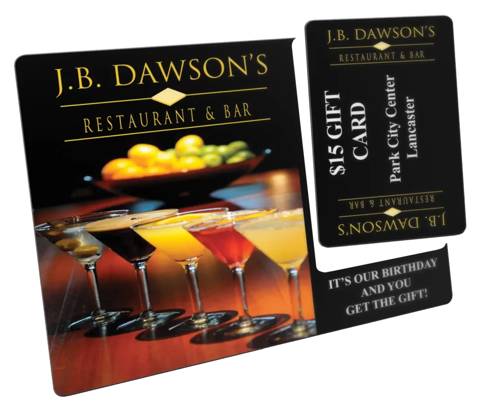 AcclaimMailer™ plastic direct mail postcard JB Dawsons Restaurant & Bar