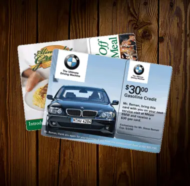 AcclaimMailer™ direct mail postcards for automotive services & restaurant marketing