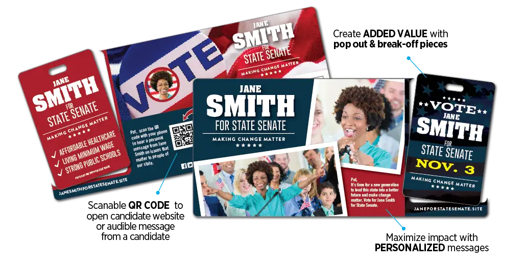 Political AcclaimMailer™ direct mail plastic postcard postcard features and benefits