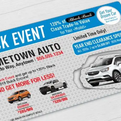 Auto dealership oversize direct mail plastic postcard with custom car shaped pop-out card