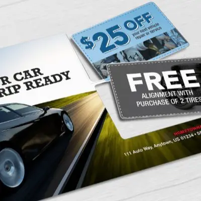 Automotive Service Oil Change direct mail plastic postcard with two break-off discount cards