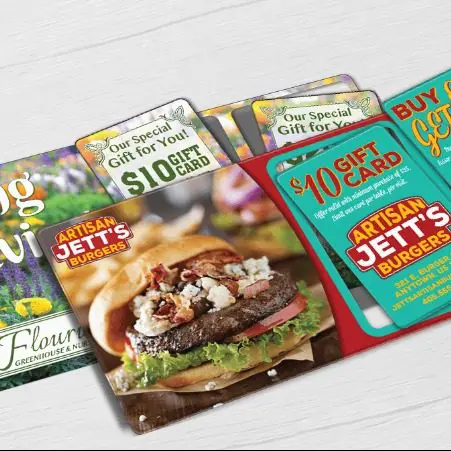 Greenhouse garden center direct mail plastic postcard and Burger Restaurant direct mail plastic postcard with 2 break-off discount cards