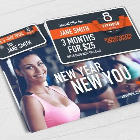 Gym, fitness center, health club direct mail plastic postcard with key tag and break-off discount card