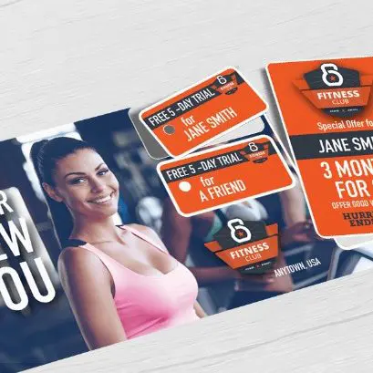 Gym, fitness center, health club direct mail plastic postcard with two key tag and single break-off discount card