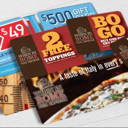 HVAC direct mail plastic postcard and Pizza Restaurant direct mail plastic postcard with 2 break-off discount cards