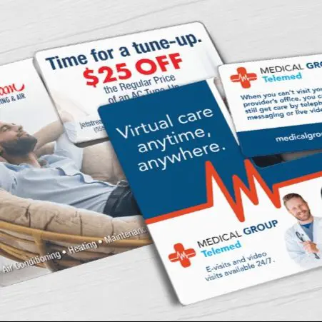 HVAC direct mail plastic postcard and Tele-medicine direct mail plastic postcard with a single break-off discount card