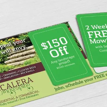 Landscaping Company mid-size direct mail plastic postcard with two break-off discount cards