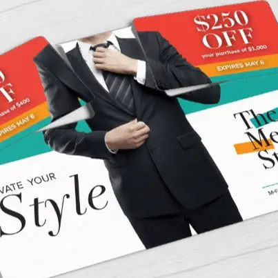 Men’s retail store direct mail plastic postcard with two break-off discount cards