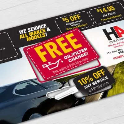 Automotive Service Oil Change oversize direct mail plastic postcard with credit card size and key shape pop-out cards