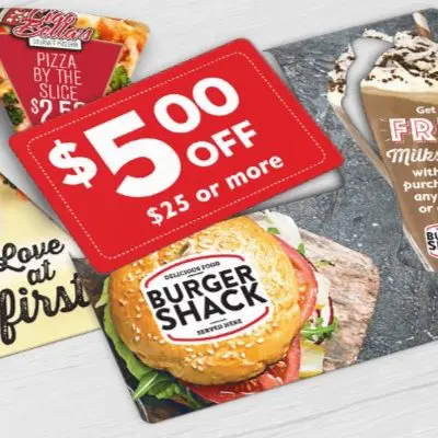 Pizzeria direct mail plastic postcard and Burger Restaurant direct mail plastic postcard with custom shaped break-off and pop-out cards