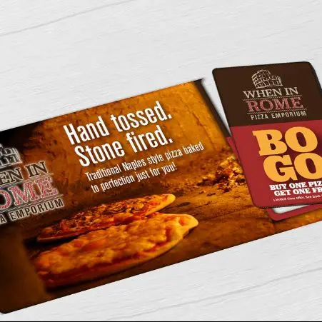 Pizza Restaurant mid-size direct mail plastic postcard with single break-off discount card