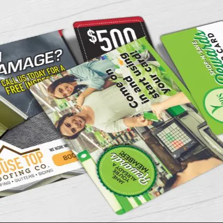 Roofing direct mail plastic postcard and Grocery direct mail plastic postcard with single vertical break-off card