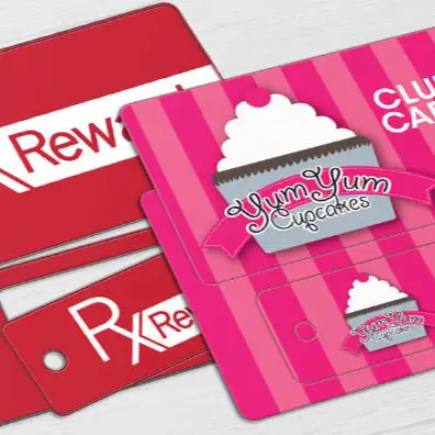 Pharmacy RX rewards and Cup Cake bakery loyalty cards single card and key tag combo style