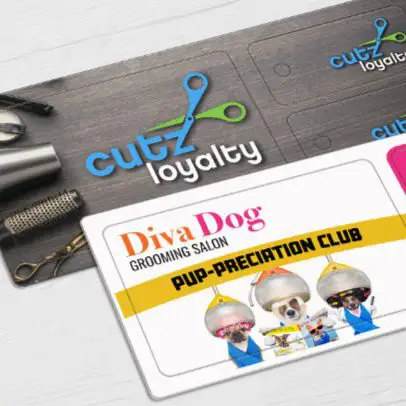 Loyalty card for a hair salon and dog grooming salon, featuring two key tags.