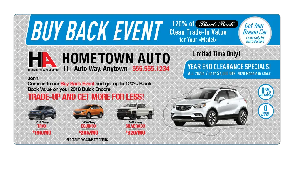 Auto Dealer Buy Back Event oversize AcclaimMailer™ direct mail plastic postcard with single car-shaped pop-out card