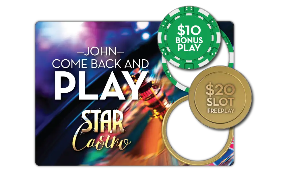 Casino AcclaimMailer™ direct mail plastic postcard, featuring two round pop-out offer cards.