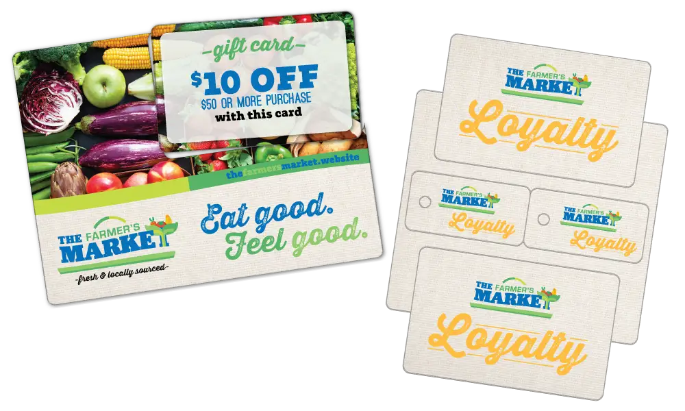 Grocery Store AcclaimMailer™ direct mail plastic postcard and dual loyalty card key tag combo