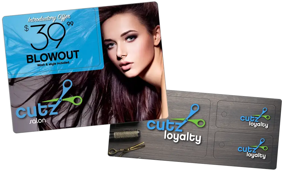 Hair Salon AcclaimMailer™ direct mail plastic postcards with one detachable offer card and loyalty card / key tag combo