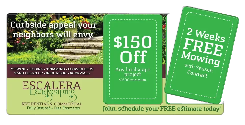 Landscaping Service AcclaimMailer™ mid-size direct mail plastic postcard featuring two detachable offer cards