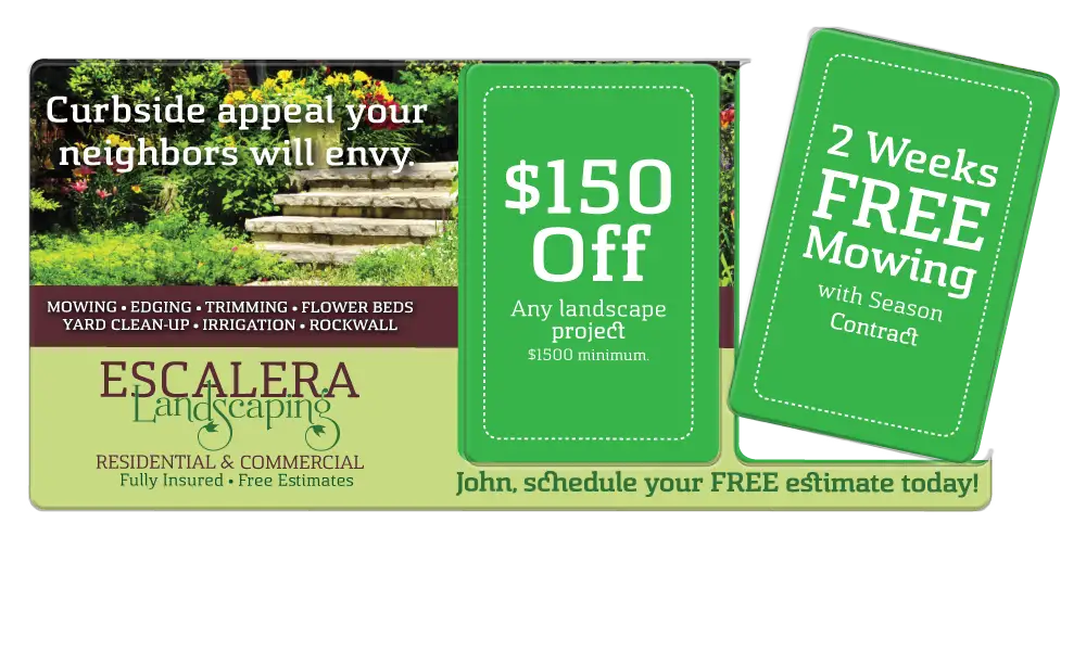 Landscaping Service AcclaimMailer™ mid-size direct mail plastic postcard featuring two detachable offer cards