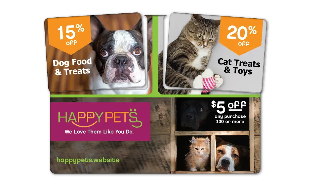 Pet Store AcclaimMailer™ direct mail plastic postcard with two detachable offer cards