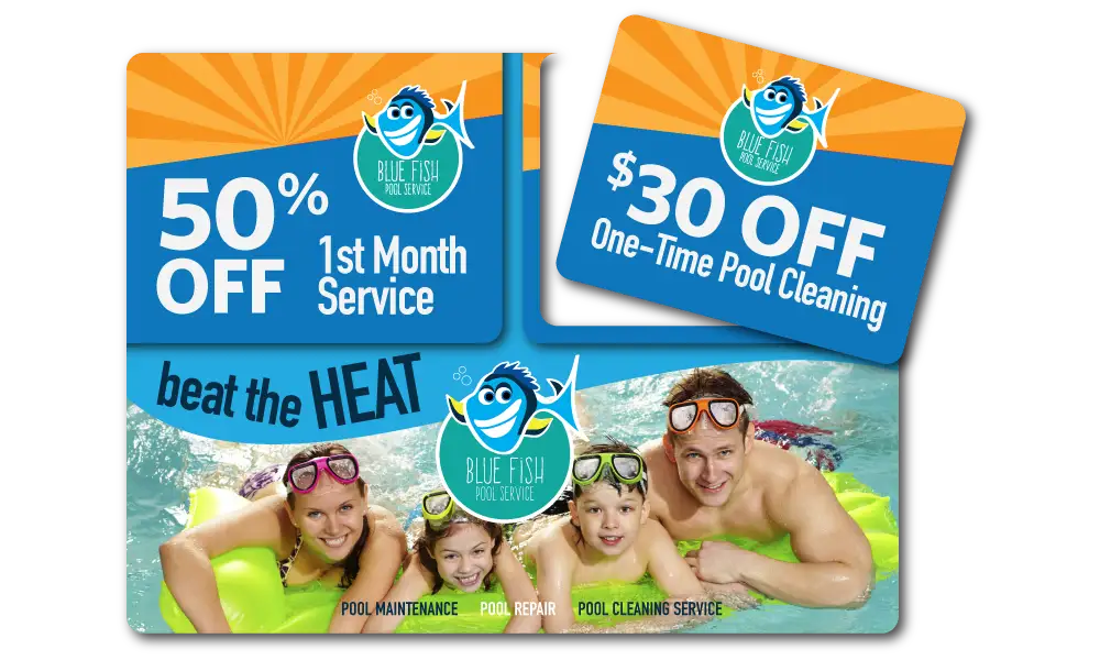 Pool Maintenance Servive AcclaimMailer™ direct mail plastic postcard featuring two detachable offer cards