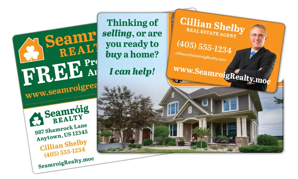 Real Estate AcclaimMailer™ direct mail plastic postcard featuring detachable realtor business card.