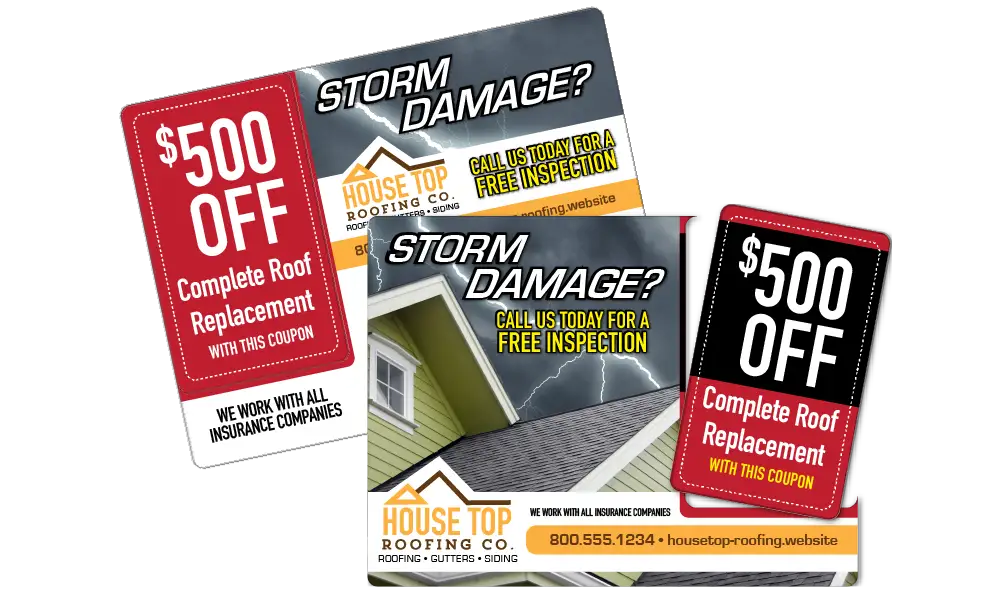 Roof Repair AcclaimMailer™ direct mail plastic postcard featuring one detachable offer card