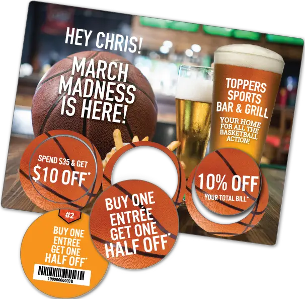 Sports Bar Pub & Grill restaurant AcclaimMailer™ plastic postcard featuring three round pop-out offer cards