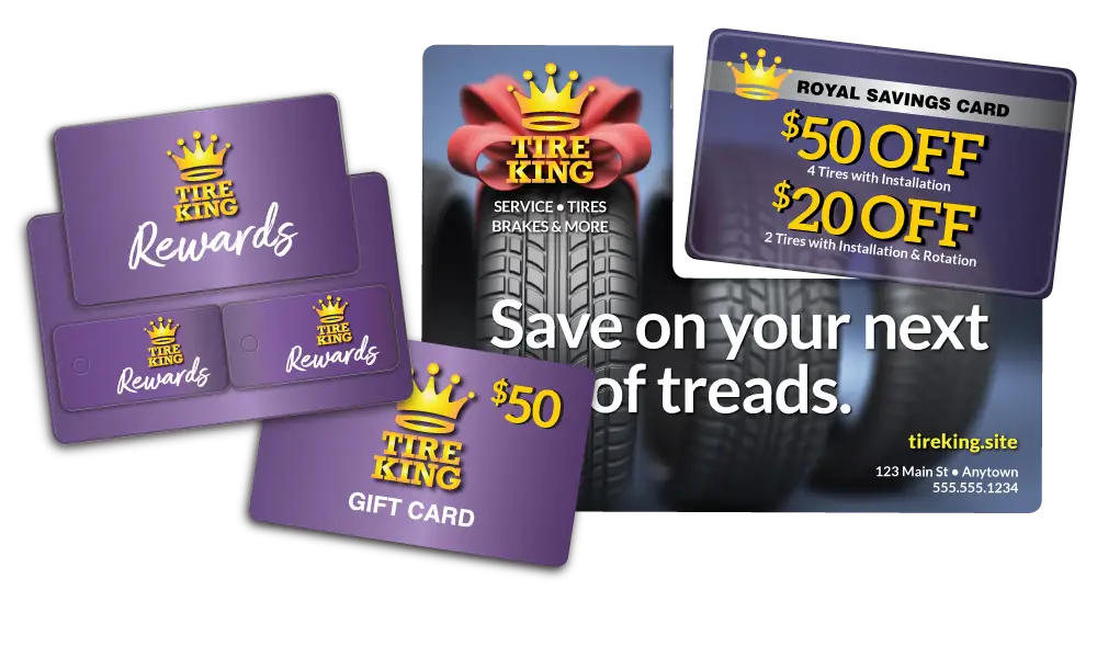 Tire Shop gift card, rewards card and AcclaimMailer™ plastic postcard featuring one detachable offer card