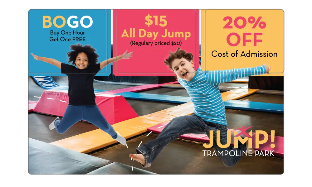 Trampoline Park AcclaimMailer™ jumbo size direct mail plastic postcard featuring three detachable offer cards.