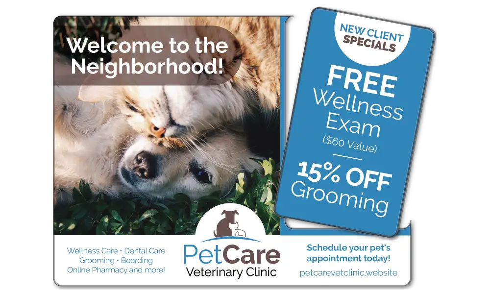 Veterinary Clinic AcclaimMailer™ direct mail plastic postcard, featuring a detachable Free Wellness Exam offer card.