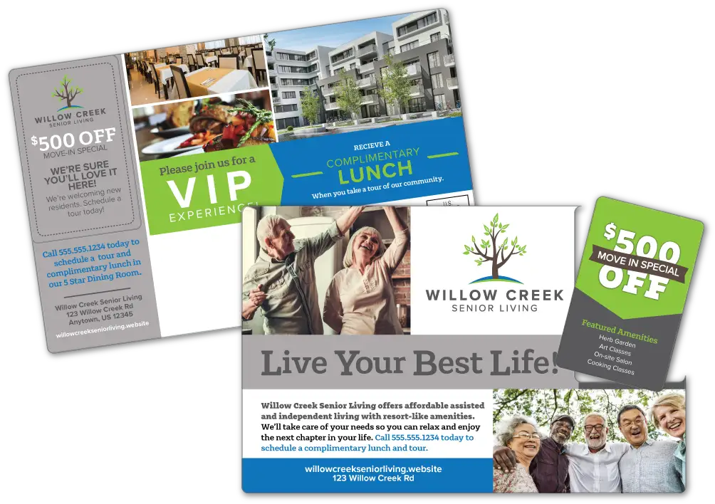 Assisted Senior Living AcclaimMailer™ direct mail plastic postcard, featuring a detachable Move-In-Special card.