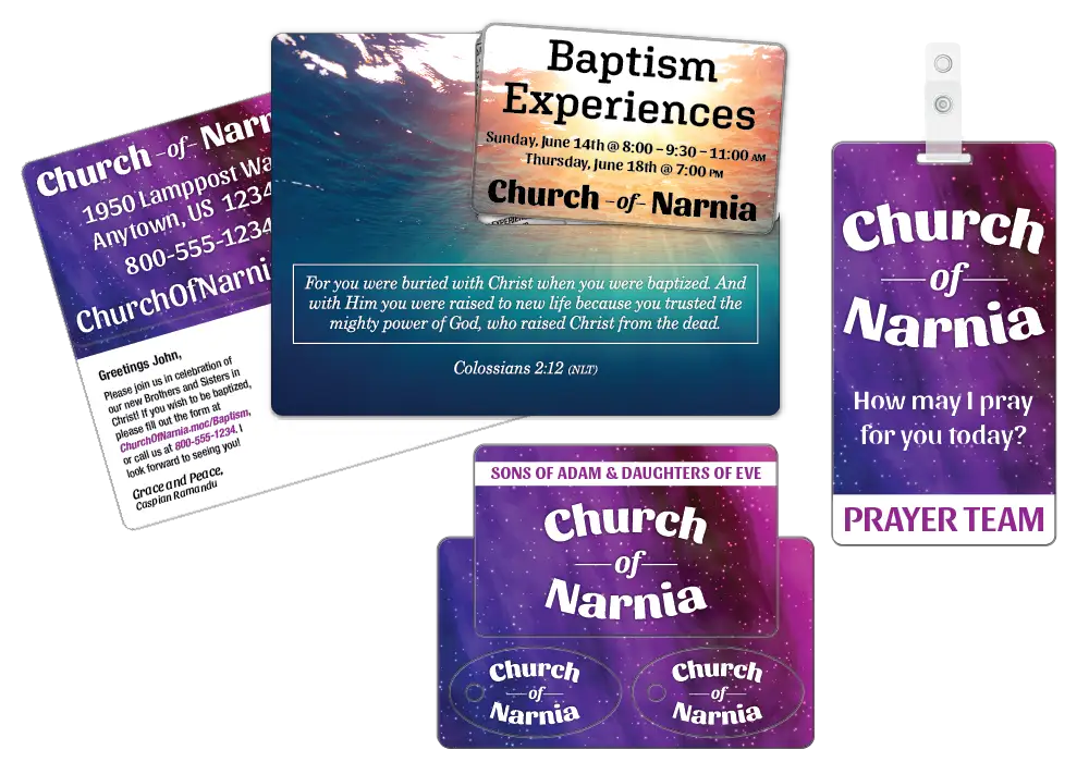 Church AcclaimMailer™ direct mail plastic postcard, card / key tags combo and volunteer badge