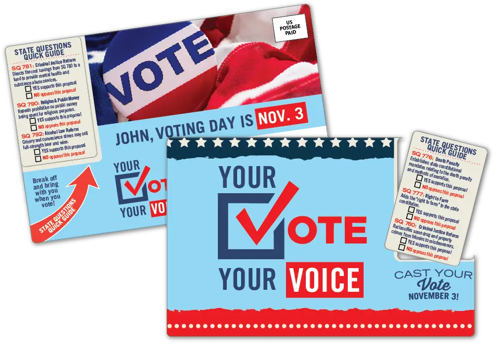 Political Get Out the Vote Initiative AcclaimMailer™ direct mail plastic postcard featuring break-off quick guide card