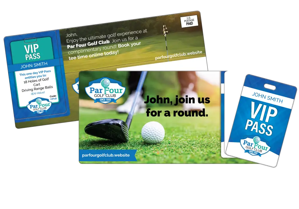 Golf Club AcclaimMailer™ direct mail plastic postcard featuring a break off VIP Pass