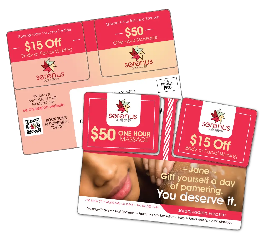 Personalized Day Spa AcclaimMailer™ direct mail plastic postcard, showcasing both front and back sides.