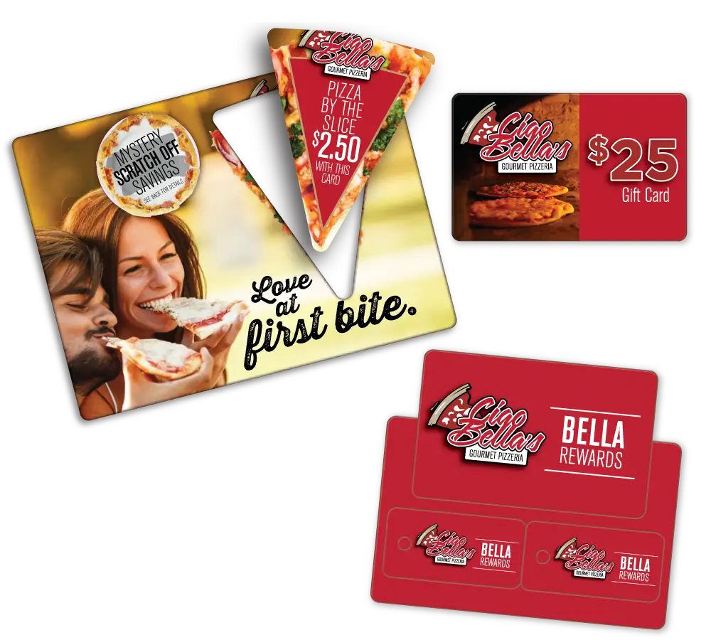 Pizza Acclaim plastic postcard, gift card and loyalty card