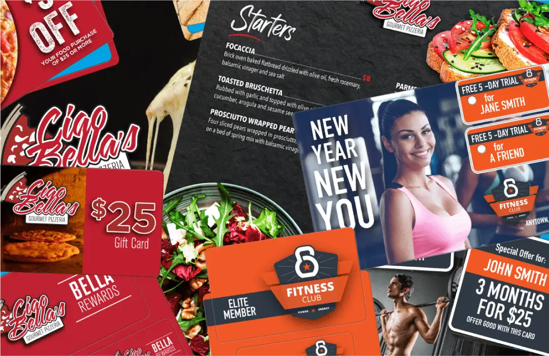 A diverse range of plastic cards by SSI Cards Marketing & Direct Mail, featuring gift cards, loyalty cards, direct mail postcards, and biodegradable restaurant menus.