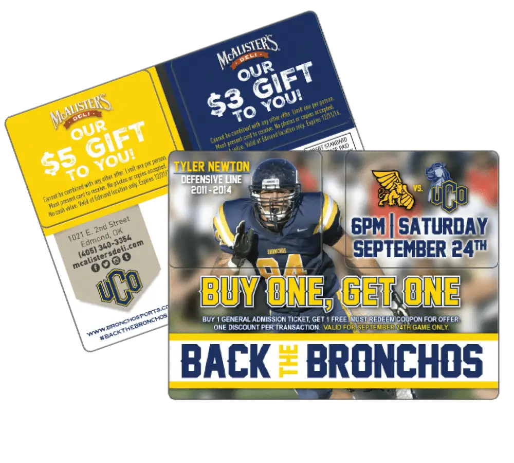 UCO Football Game AcclaimMailer™ direct mail plastic postcard showcasing front and back side