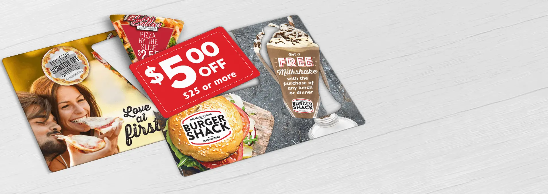 Pizzeria direct mail plastic postcard and Burger Restaurant direct mail plastic postcard with custom shaped break-off and pop-out cards