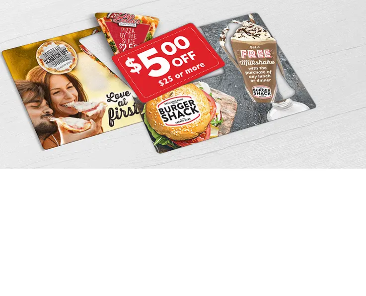 Pizzeria AcclaimMailer™ direct mail plastic postcard and Burger Restaurant direct mail plastic postcard with custom shaped break-off and pop-out cards