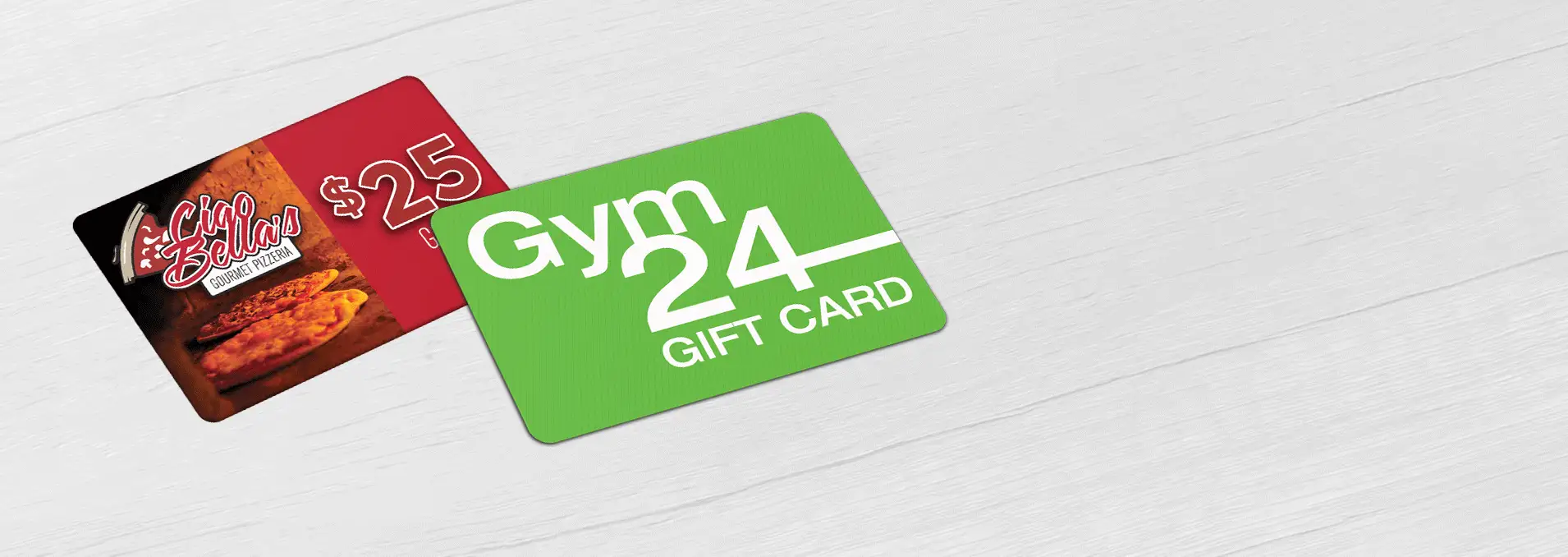 Pizzeria CR80 gift card and Gym CR80 gift card. Available in Teslin, BioTeslin and Biodegradable NVIO™