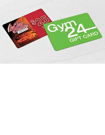 Pizzeria CR80 gift card and Gym CR80 gift card. Available in Teslin, BioTeslin and Biodegradable NVIO™