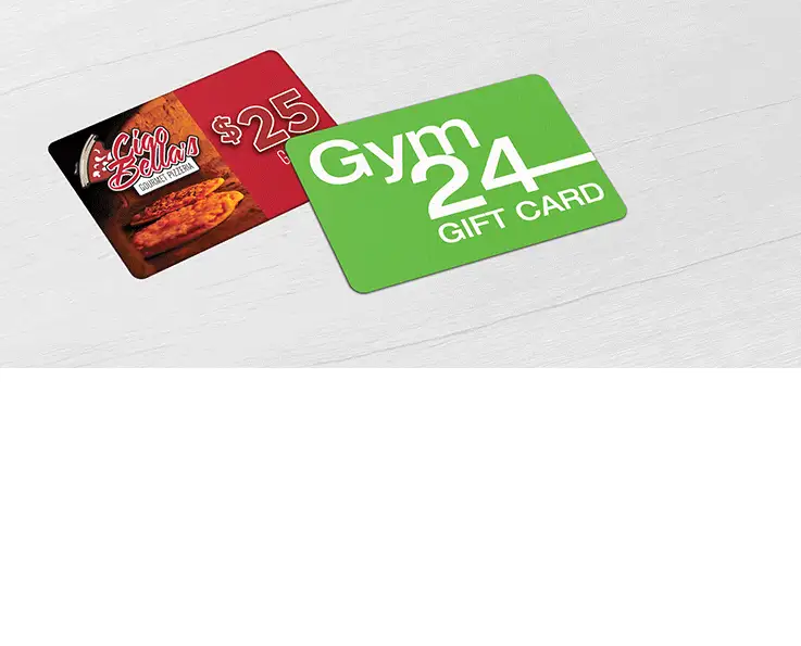 Pizzeria CR80 gift card and Gym CR80 gift card. Available in Teslin, BioTeslin and Biodegradable NVIO™