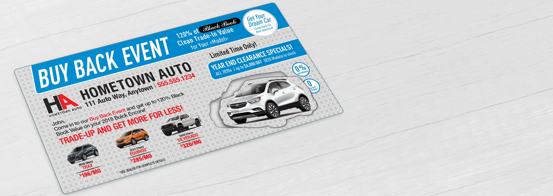 Auto dealership oversize direct mail plastic postcard with custom car shaped pop-out card