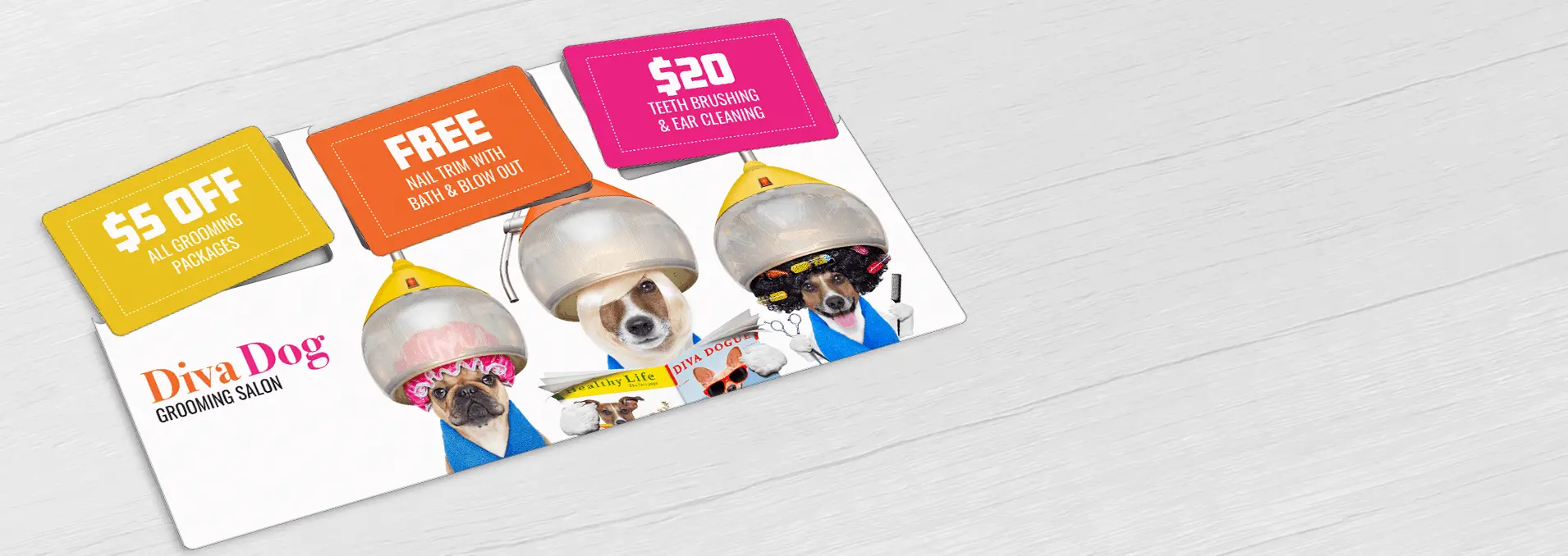 Dog Grooming Salon oversize direct mail plastic postcard with three break-off discount cards