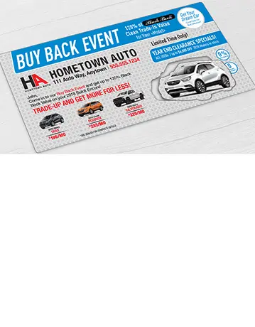 Auto dealership oversize AcclaimMailer™ direct mail plastic postcard with custom car shaped pop-out card