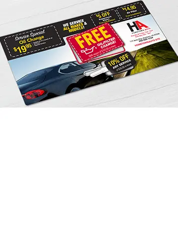 Automotive Service Oil Change oversize AcclaimMailer™ direct mail plastic postcard with credit card size and key shape pop-out cards