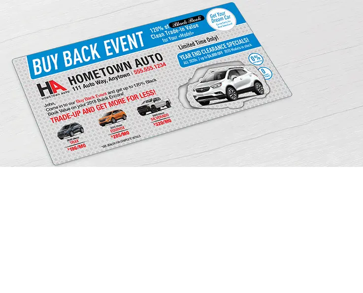 Auto dealership oversize AcclaimMailer™ direct mail plastic postcard with custom car shaped pop-out card